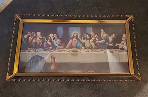 Vintage Last Supper Picture Jewelry Tray Twisted Spiral Gold Metal Frame 15 x 8