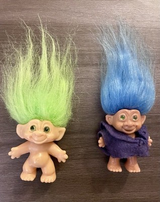 Pair Of 2 Vintage Plastic Troll Dolls  Green Hair & Blue Hair Korea Etone 1970's