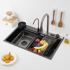 Kitchen Sink Double Basin Stainless Steel Sink Bowl W/ Pull-out Faucet