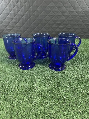 5 Vintage Anchor Hocking Cobalt Blue Glass 5" Footed Pedestal Coffee Mug 16oz