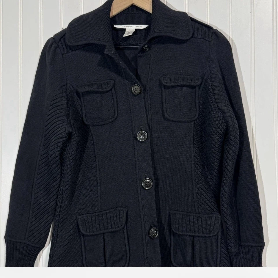 DVF Diane von Furstenberg 100% Lana Tejido Safari Chaqueta Cárdigan Negro Talla M Foto 2 de 4