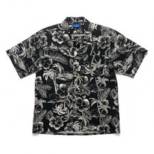 Vintage OP Ocean Pacific Black White Cottons Surfer Hawaiian Cabana Shirt L