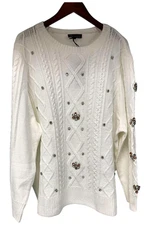 DG2 by Diane Gilman Women's Embellished Cable Knit Sweater White