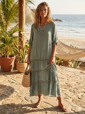 Made Italy Olive Silk Sheer Tiered Boho Midi Dress Roll Tab Sleeve Ladder Lace L