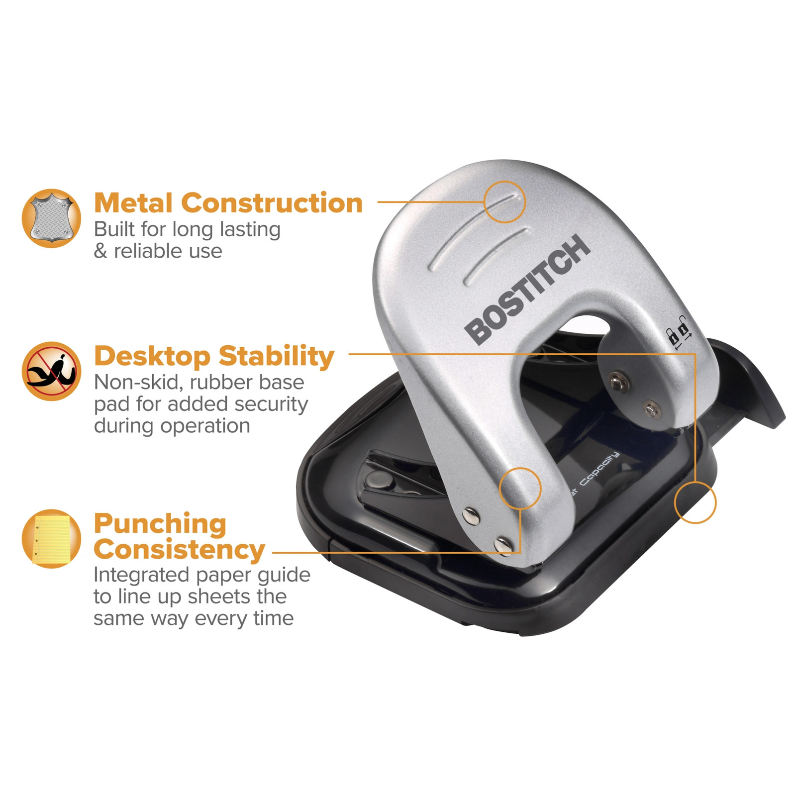 Bostitch EZ Squeeze Two-Hole Punch, 20 Sheet Capacity, Black/Gray