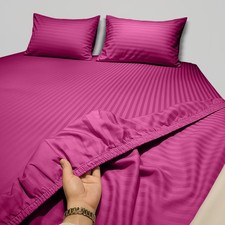 Extra Deep 40cm Stripe Fitted Sheet With Free Pillow cases 3 Piece Bedding Set