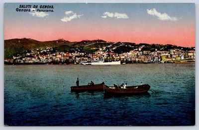 Vintage Italy Postcard GENOVA Panoramic Coastline Boats Sea View 1910s