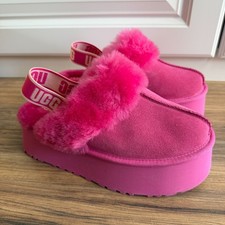 UGG Funkette Pink Suede Platform Slippers Clogs Lambswool Womens Size 9
