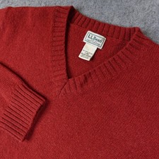 LL Bean Sweater Mens Large Red Shetland Wool V Neck Pullover Knit Warm Vintage
