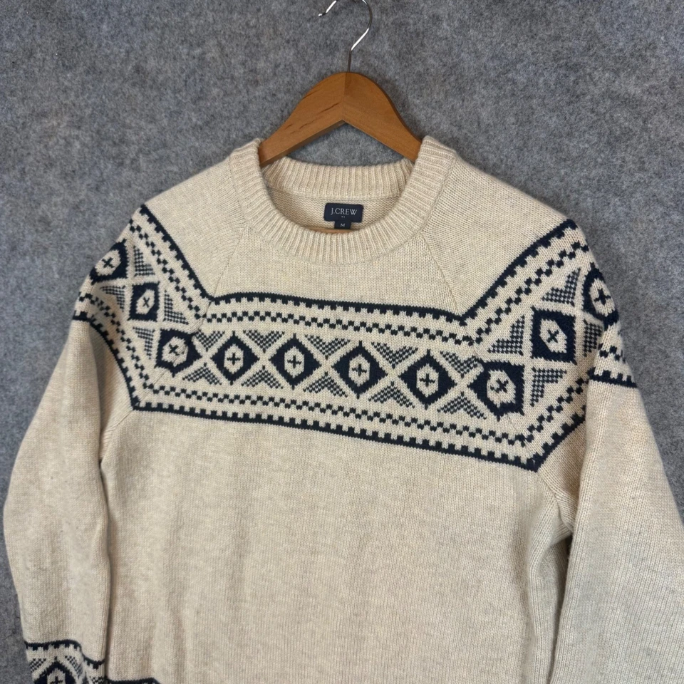 J.Crew Sweater Mens Medium Cream Wool Blend Fair Isle Nordic Knit Pullover - Image 3 of 4
