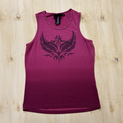 Y2K Harley-Davidson Tank Top Womens Medium Pink Studded Graphic Biker Motorcycle