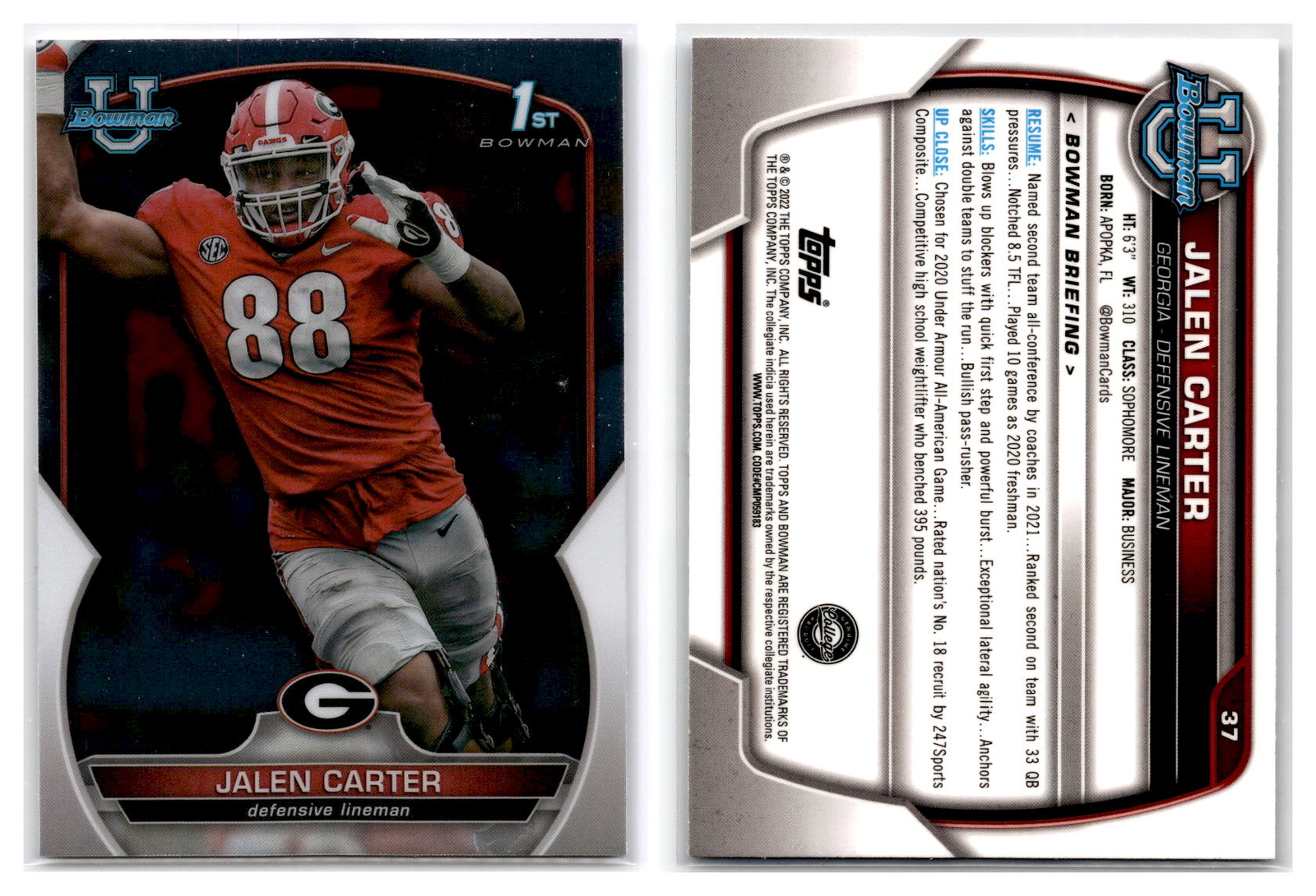 2022 Bowman U Chrome #37 Jalen Carter - Georgia 1st