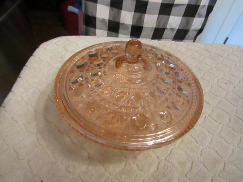 Vintage Pressed Glass Covered Glass Nut Candy Bowl Dish Pink Pattern Depression