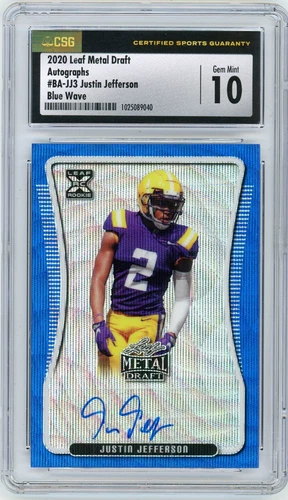 JUSTIN JEFFERSON 2020 Leaf Metal Draft Blue Wave Auto Rc #14/20 CSG 10