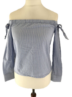 H&M Blouse 36 Off Shoulder Light Blue Striped Top Long Sleeve Carmen