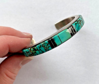 Signed H & V Thompson Sterling Navajo Blue Turquose Inlay Cuff Bracelet