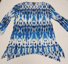 Chicos Travelers Womens XL Tunic Blue Watercolor 3/4 Sleeve Top USA Made
