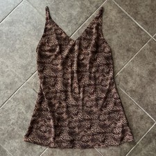 Vtg Y2K Victorias Secret Satin polyester Slip Dress Chemise Lingerie Leopard L