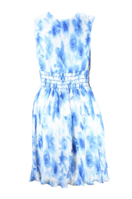 Studio M Blue Sleeveless Printed Smocked Waist Crinkle A-Line Dress M | eBay