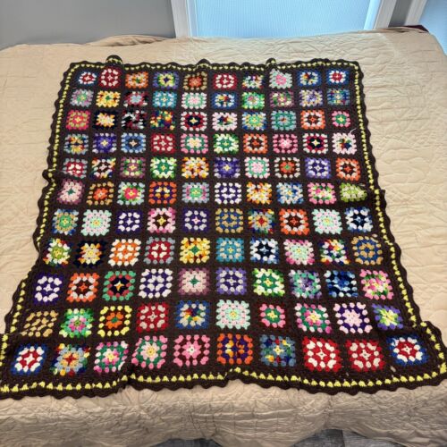 Vintage COLORFUL Bright Crochet Afghan 46 X 51” Granny Diamond Square Throw - Picture 1 of 6