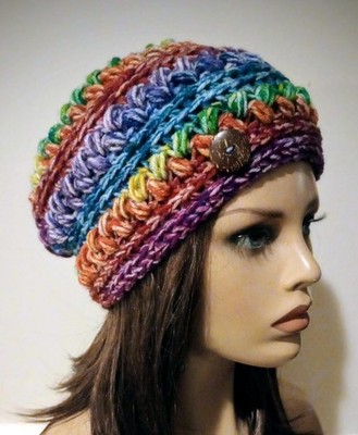 crochet handmade womans hat beanie crayon box stripes puffs new