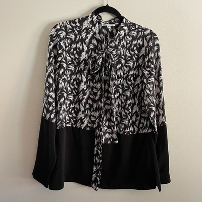 Derek Lam Women Sz 46 US L Feather Two Tone Long Sleeve Tie Neck Blouse NWOT