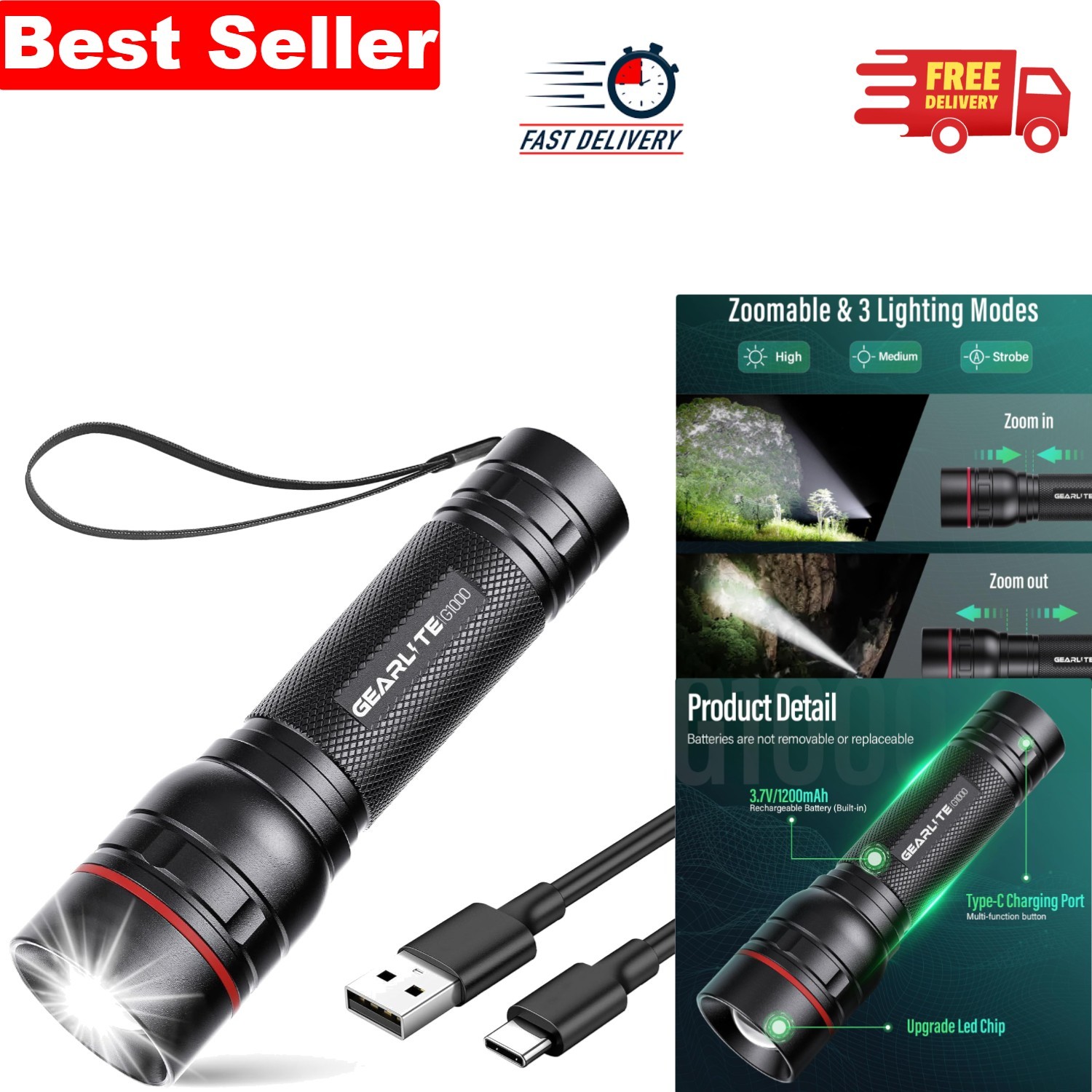 Waterproof LED Torch with 3 Modes - 2000LM Rechargeable Outdoor Flashlight