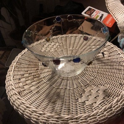 Vtg Adcraft Glass Boho Bowl w/ Applied Stainless Steel Wire Wrapped Beads Vtg