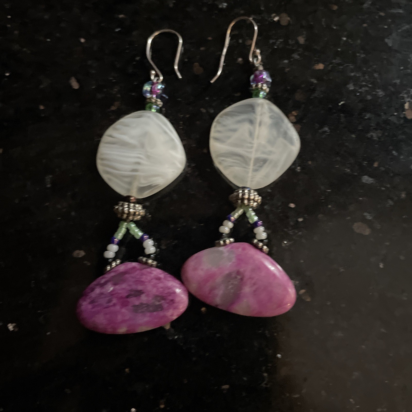 Large Boho Statement Dangle Earrings Pink Dyed St… - image 1