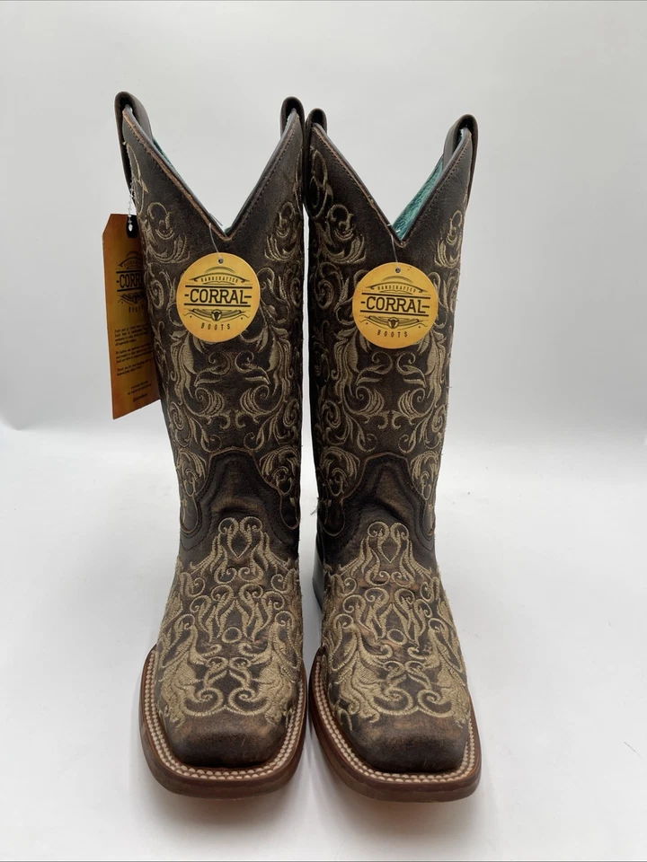 Women's Corral Honey Embroidery Square Toe Western Boots Brown Size 6M - Image 2 of 4