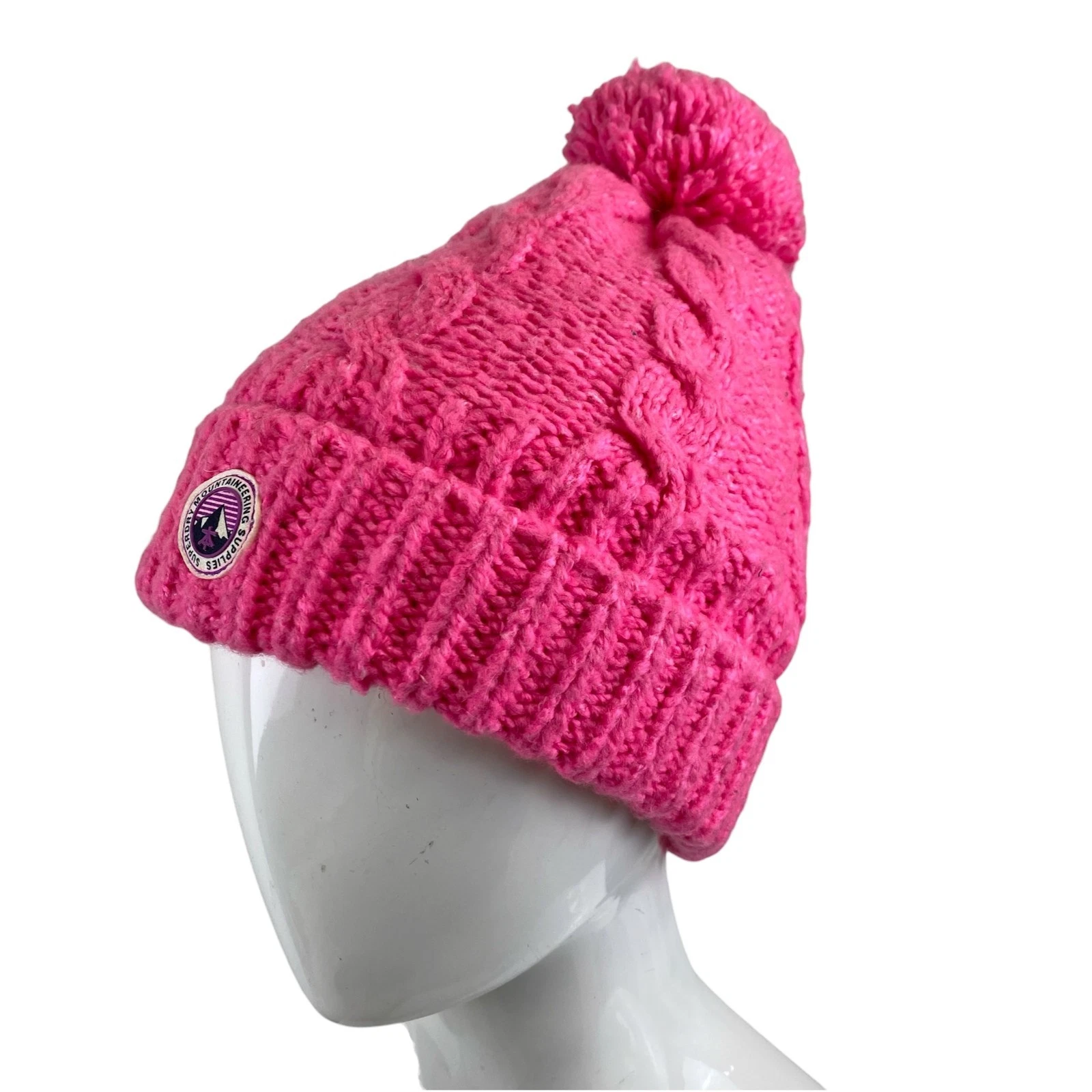SUPERDRY Pink Bobble Hat Women Pompom Beanie Cable Knit Fleece Lined Ski