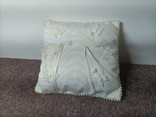 Vintage White Silk Wedding Ring Pillow Ceremony Cushion Handsewn Butterflies