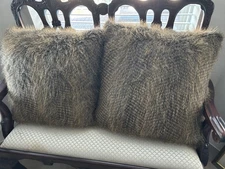 Two Large Fur Like 20”x20”x8” Throw Pillows Duck Down Filled Zipper Closure