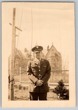 Vtg B W Snapshot WWII US Army Soldier Uniform Cap Church Background 1940s