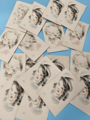 Suchard Schokoladenkarten Konvolut illustrierte Frauenportraits, Pastelltöne