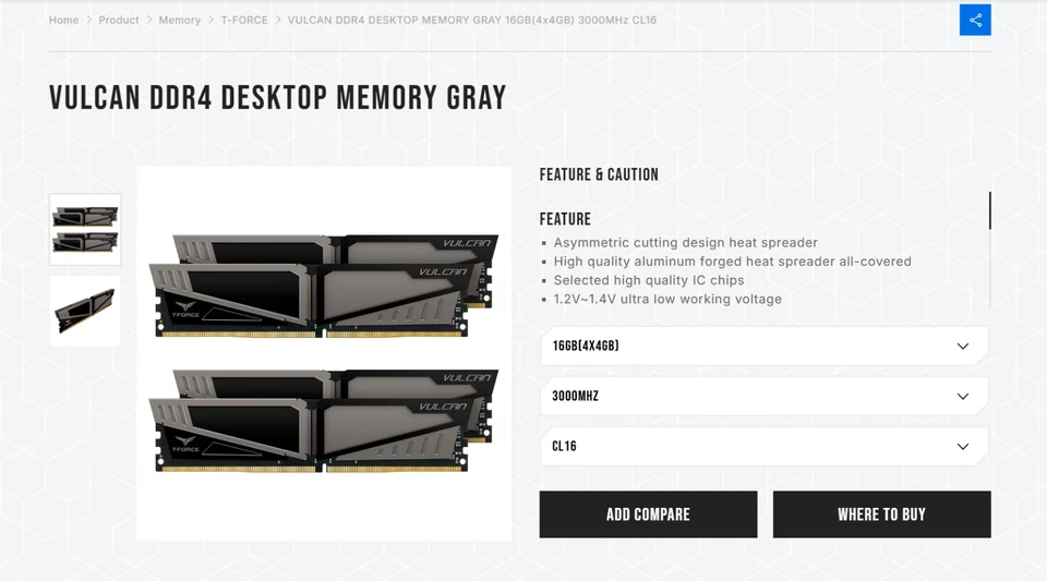 Team Group Vulcan 16GB (4x4GB) DDR4 3000 CL16 1.35V TLGD44G3000HC16CBK *BOXED* - Image 2 of 4