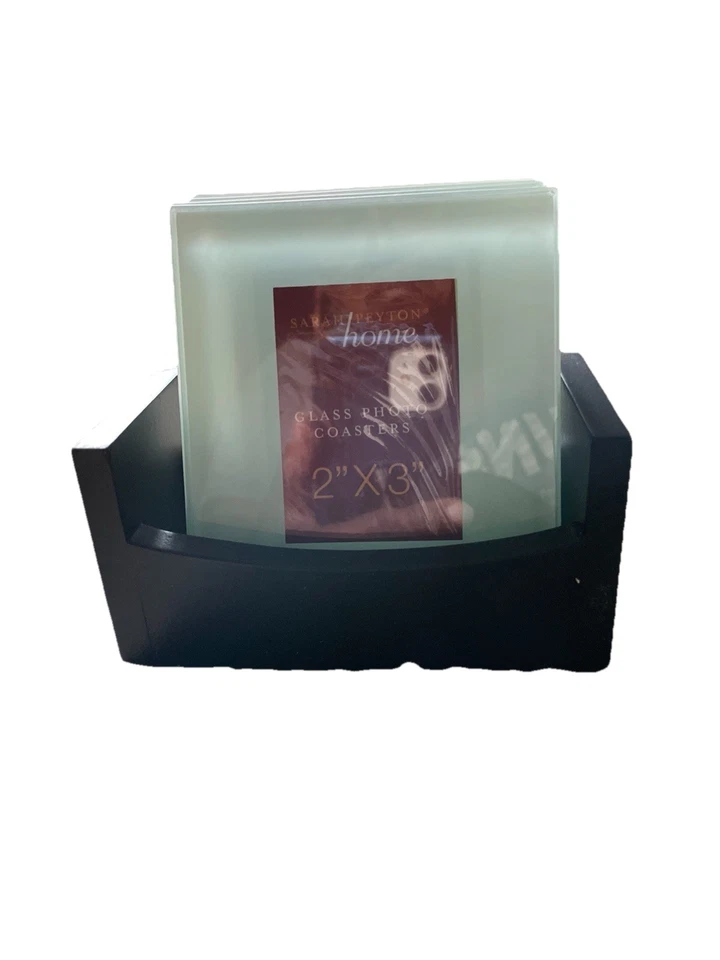 Posavasos fotográficos de vidrio para el hogar Sarah Peyton 4 con soporte de madera nuevos en caja Foto 2 de 4