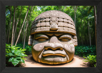 Olmeken Steinkopf Skulptur im Wald gerahmt Wandbild Poster Leinwanddruck Bild