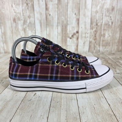 Converse All Star Plaid Low Top Sneakers Maroon Gold Eyelets Women's Size 