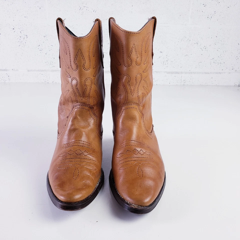 VTG Sandra Miller Womens 7.5 Leather Western Boots Tan Mid-Calf Embroidered - Image 3 of 4