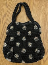 Vintage Beaded Purse Clam Shell Black Floral Mcm 50s Purse