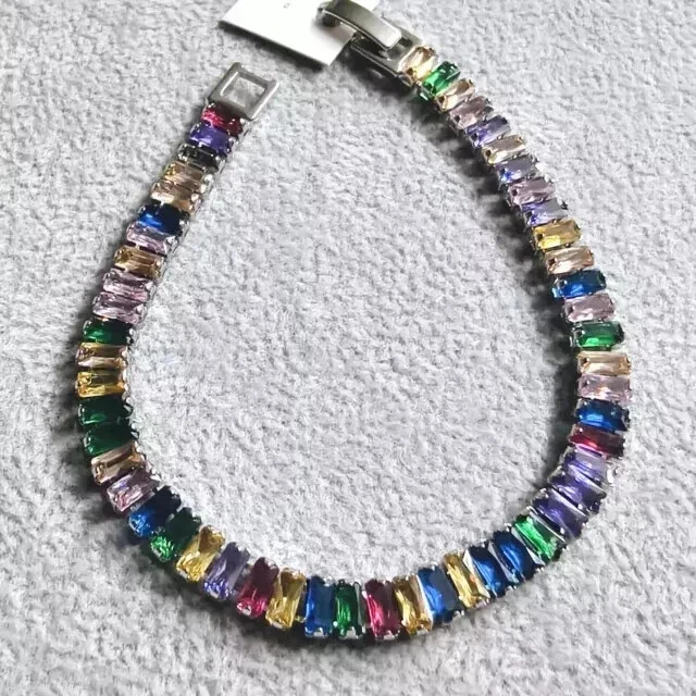 Pulsera Tenis para Ella Baguette Lab Creada Multicolor Zafiro Acero Inoxidable Foto 4 de 4