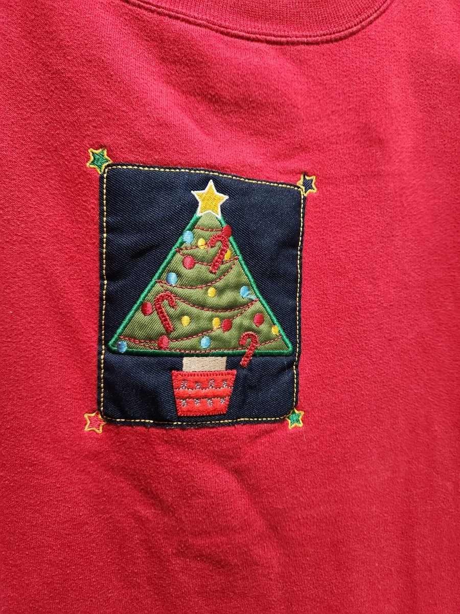 Christmas Tree Pullover Womens Red Sweatshirt Embroidered Applique