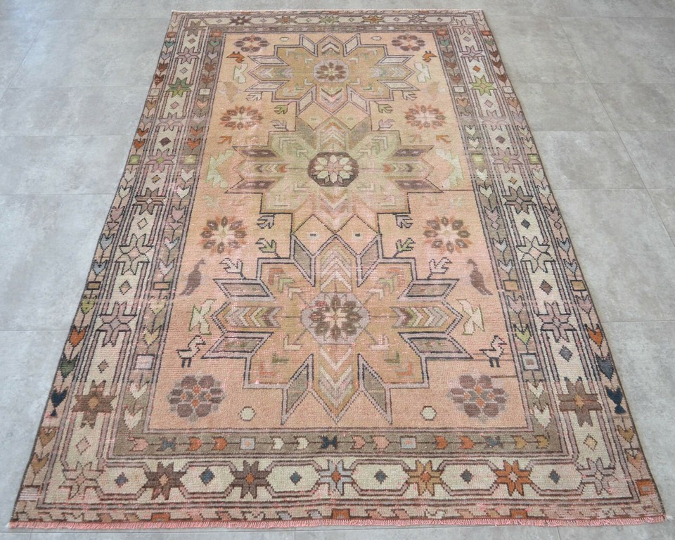 Distressed Area Rug Hand Knotted Low Pile MUTED COLORS Oushak Rug 4' x ...