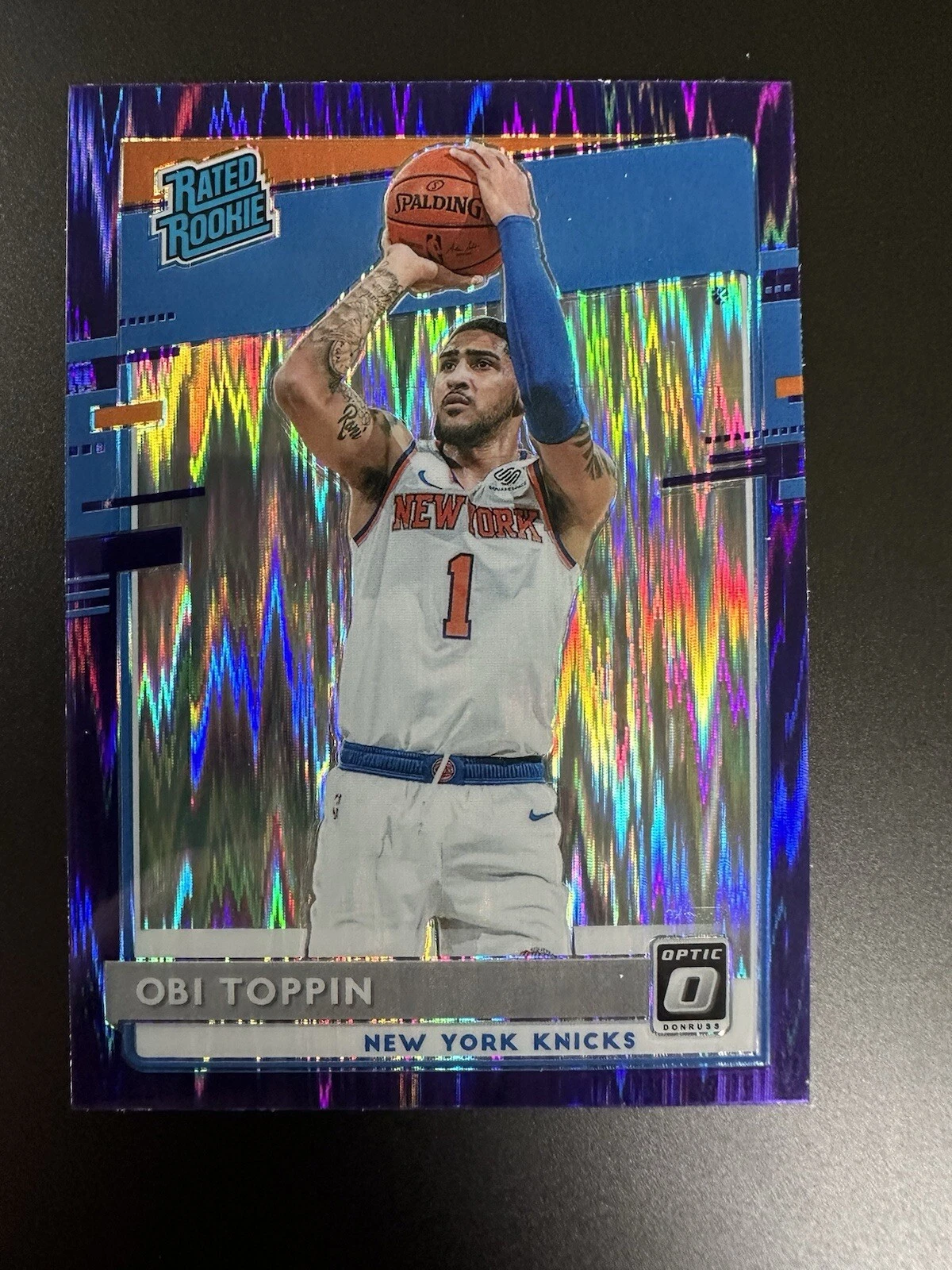 OBI TOPPIN KNICKS RATED ROOKIE SHOCK PURPLE PRIZMS #158 RC 2020-21 DONRUSS OPTIC
