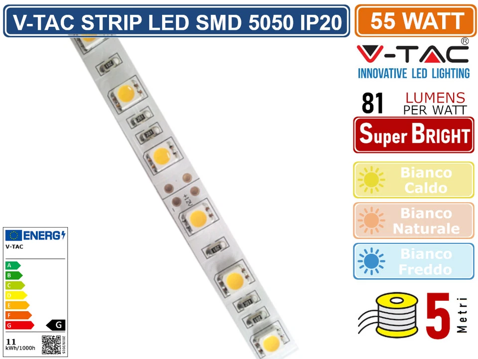 V-TAC VT-5050-60 STRISCIA LED FLESSIBILE 55W SMD MONOCOLORE 60 LED/METRO 12V 5M - Immagine 2 di 2