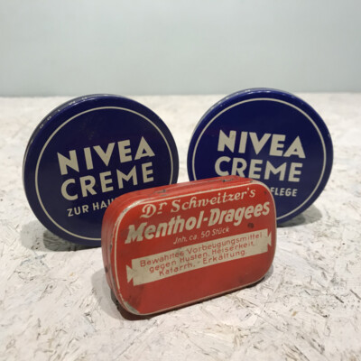 3x Small Tin Nivea Creme Dr Schweitzer's Menthol Pastilles Vintage Antique