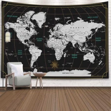 World Map Tapestry Wall Tapestry World 40" L x 30" W Black White 2