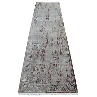 2'6''x9'10'' Gray Erased Tulip Design Silk/Wool Hand Knotted Runner Rug R87283