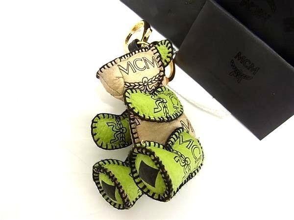 MCM Bear Keychain Bag Charm Key Chain Beige x Green AT5902 Leather